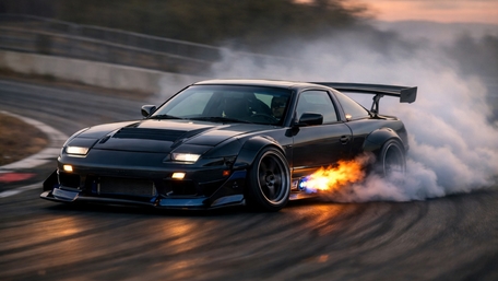 Midnight Drift Machine with Smoke Trails and Flame Burst wallpaper
