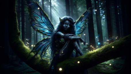 Moonlit Fairy Resting on Mossy Branch in Enchanted Forest wallpaper