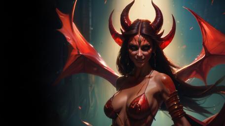 Crimson Winged Demoness in a Smoke Lit Infernal Realm wallpaper