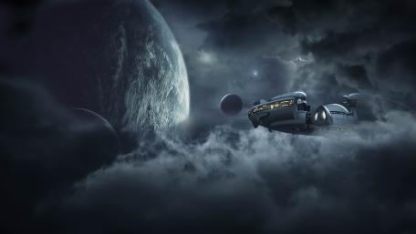 Monochrome Starship Drifting Through Storm Clouds of a Distant World wallpaper