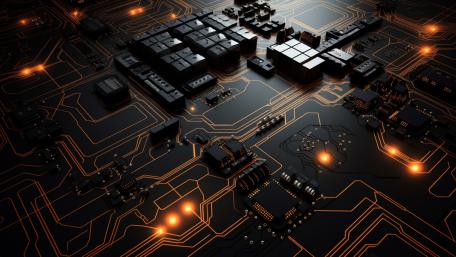 Neon Copper Pathways Across a Futuristic Processor Circuit Board wallpaper