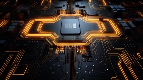 Neon Circuit Core AI Processor on Futuristic Motherboard wallpaper