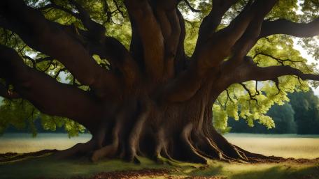 Majestic Ancient Oak Trunk Spreading Wide Under Summer Light wallpaper