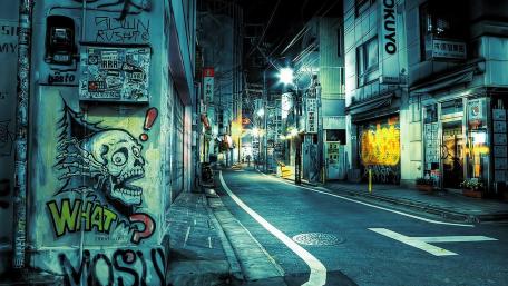 Neon Silence in a Graffiti Lined Tokyo Alley wallpaper