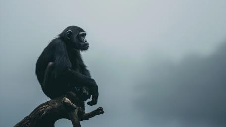 Silent Sentinel Chimpanzee in Misty Jungle Dawn wallpaper