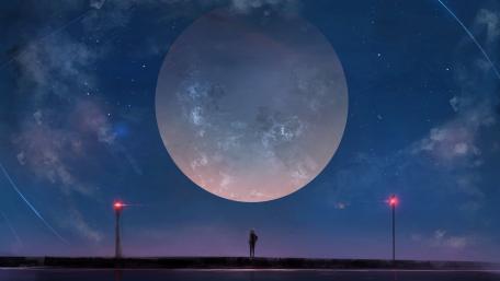 Lonely Anime Night Under a Giant Full Moon Sky wallpaper
