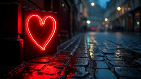 Neon Heart Glow on Rainy Cobblestone Street at Dusk wallpaper