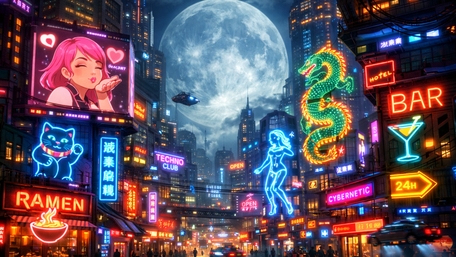 Neon Moonrise Over the Cyberpunk Metropolis Streets wallpaper