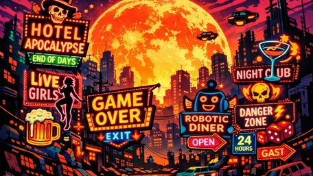 Neon Game Over Skyline Under a Blood Moon Cyberpunk Fantasy wallpaper