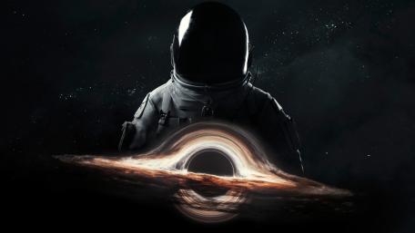 Astronaut Facing a Glowing Black Hole Wormhole in Deep Space 4K wallpaper