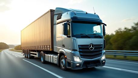 Mercedes Long Haul Truck Racing Through Golden Highway Light wallpaper