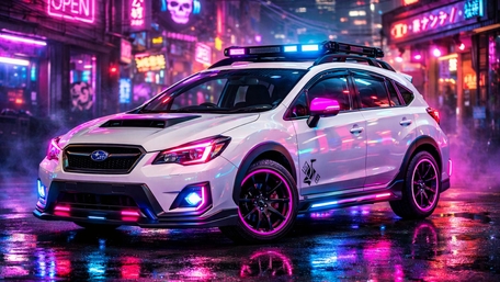 Neon Night Subaru SUV Glowing Through Rainy Cyber City Streets wallpaper