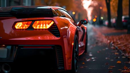 Crimson Corvette Afterglow on an Autumn City Street in 5K wallpaper