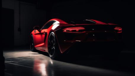 Crimson Supercar in Shadowed Garage 5K AI Art Wallpaper wallpaper