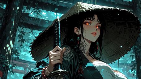 Crimson Eyed Kunoichi Under a Straw Hat in Moonlit Rain wallpaper