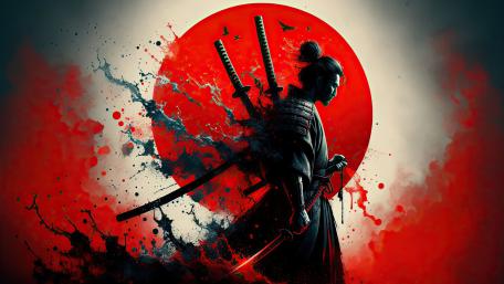 Shadowed Bushido Samurai Against Crimson Sun in Japanese Ink Splash Art wallpaper