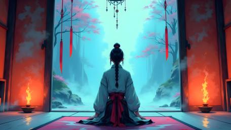 Silent Shrine Meditation in Misty Sakura Valley Anime Wallpaper wallpaper