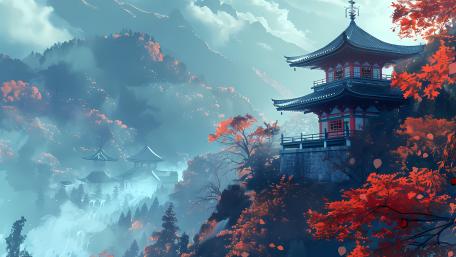 Misty Mountain Pagoda in Autumn Anime Landscape wallpaper