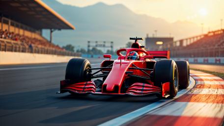 Sunset Speed Red Formula One Car Charging Through The Circuit wallpaper