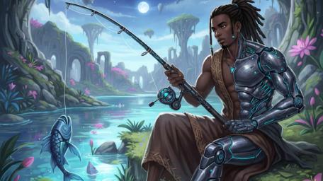 Moonlit Cyborg Angler in a Dreamlike Anime Lagoon wallpaper