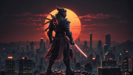 Neon Ronin Under Blood Moon Over Cyberpunk Skyline wallpaper
