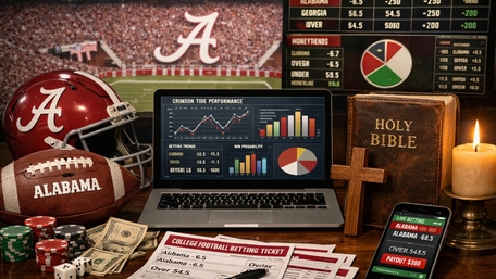 AI Football Analytics on Laptop with Alabama Game Day Betting Scene wallpaper