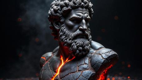 Volcanic Zeus Sculpture Awakening in Mythic Shadowed Flames 4K wallpaper
