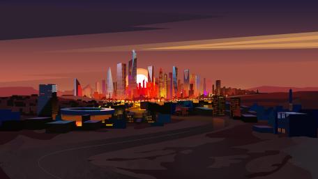 Geometric Sunset Metropolis in a Dreamlike Desert Horizon wallpaper