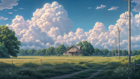 Tranquil Anime Countryside Path to a Lonely House Under Summer Clouds wallpaper