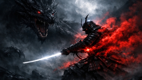 Crimson Shadow Samurai Facing the Abyssal Dragon in Stormfire wallpaper