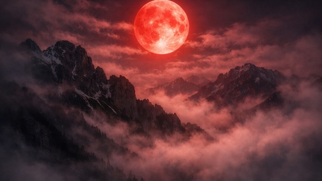 Crimson Blood Moon Over Misty Fantasy Mountains at Night wallpaper
