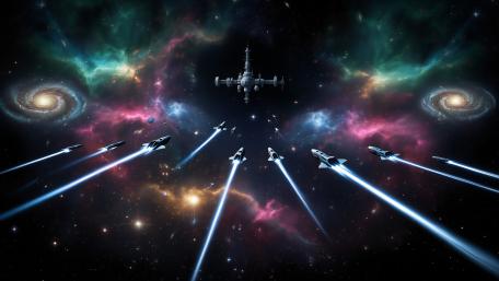 Space Attack Fleet Racing Through Nebulae and Twin Galaxies wallpaper
