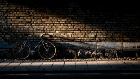 Silent Street Bicycle Against Brick Wall in Golden Shadow wallpaper