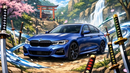 Blue BMW Drift Through Sakura Shrine and Katana Storm wallpaper