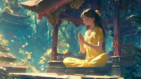 Serene Anime Meditation in a Sunlit Temple Garden wallpaper