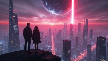 Spectacular Sci Fi Metropolis at Dusk Beneath a Rising Planet wallpaper