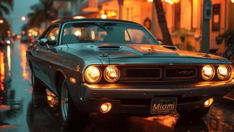 Rainlit Dodge Challenger R/T Muscle Car Cruise in Miami Nights wallpaper
