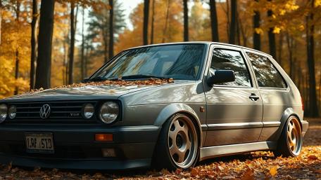 Autumn Cruise with a Classic Volkswagen Golf II in Golden Woods wallpaper