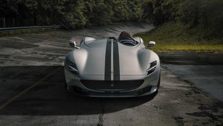 Ferrari Monza SP1 Silver Speedster on a Forest Curve wallpaper