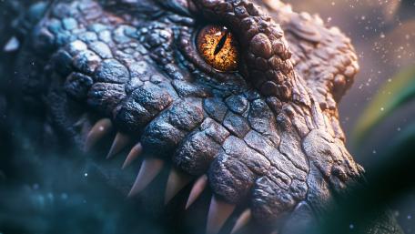 Amber Eyed Crocodile Guardian in Dreamlike Mist 5K Fantasy Wallpaper wallpaper