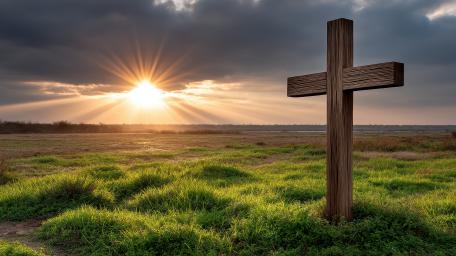 Sunlit Cross Over Quiet Meadow at Dawn in Crisp 5K wallpaper