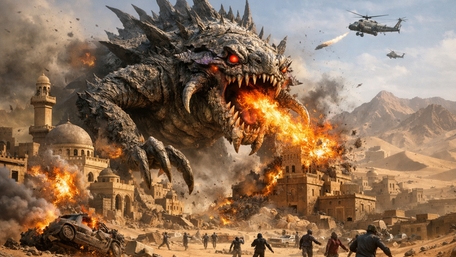 Inferno Leviathan Rising Over the Ruins of a Desert City wallpaper