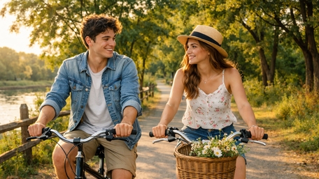 Sunlit Countryside Bike Ride for a Smiling Young Couple wallpaper