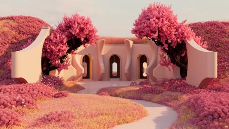 Blush Dream Sanctuary in a Pink Fantasy Valley wallpaper