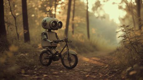 Adorable Toy Robot Takes a Sunny Forest Bike Ride wallpaper