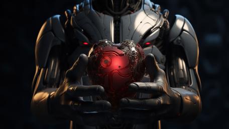 Cybernetic Guardian Holding a Glowing Heart Core in the Shadows wallpaper