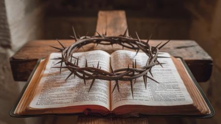 Crown of Thorns Resting on Open Bible in Sacred Light wallpaper