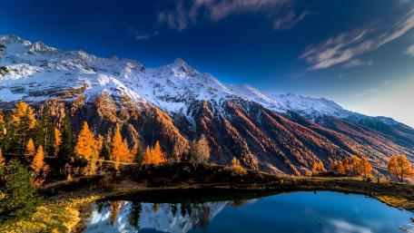Autumn Lake Reflection Beneath Snowcapped Mountain Range in Crisp 4K wallpaper