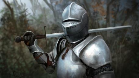 Silent Sentinel of the Misty Woods in Gleaming Plate Armour wallpaper