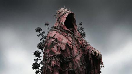 Thornbound Wraith in Crimson Shroud Amid Black Roses and Wire wallpaper
